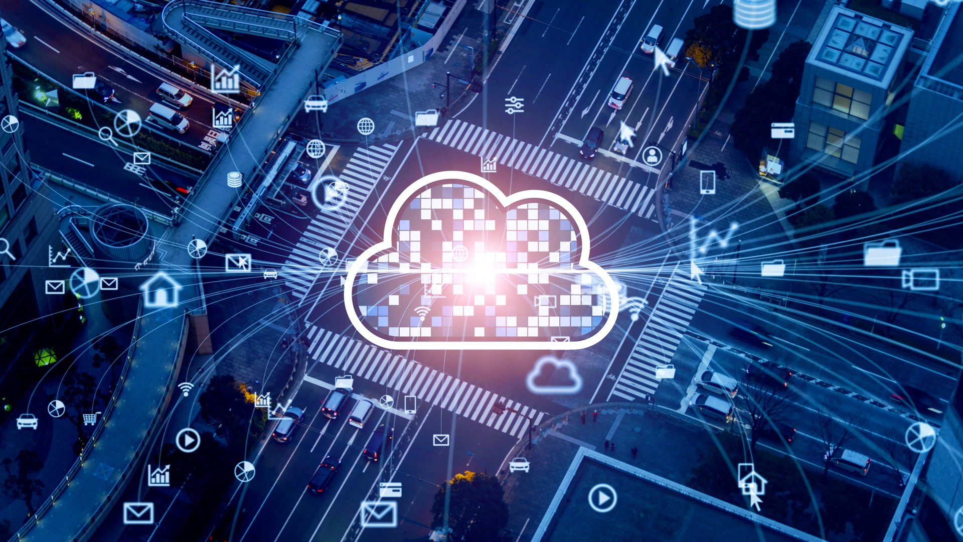 Transportation and technology concept. ITS (Intelligent Transport Systems). Cloud computing.